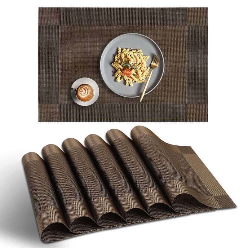 homEdge Placemat, 6 PCS of Non-Slip Heat Resistant PVC Place Mats, Washable Vinyl Placemats - Brown - Image 1